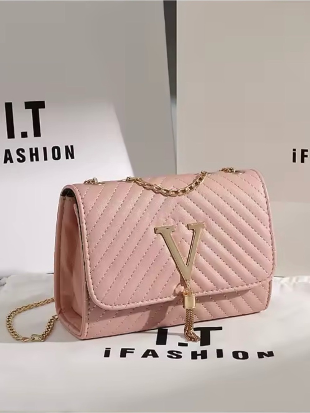 Pink Quilted Chain Shoulder Mini Purse Bag with Gold V Tassel